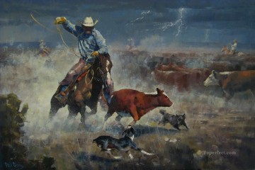 vaquero atrapando ganado en tormenta Pinturas al óleo